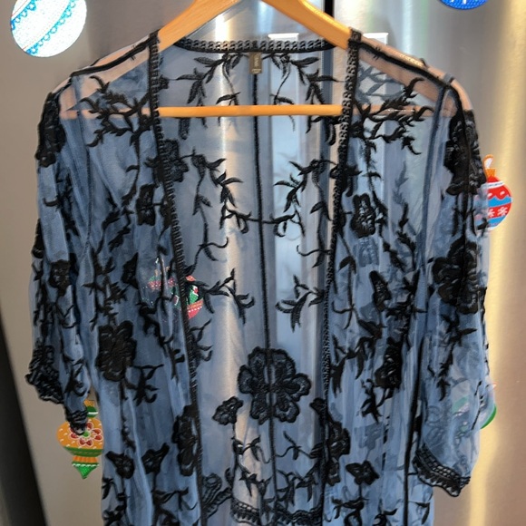 Lane Bryant Blue black Floral Embroidered MESH DUSTER JACKET Open Front Robe 18 - Picture 15 of 16
